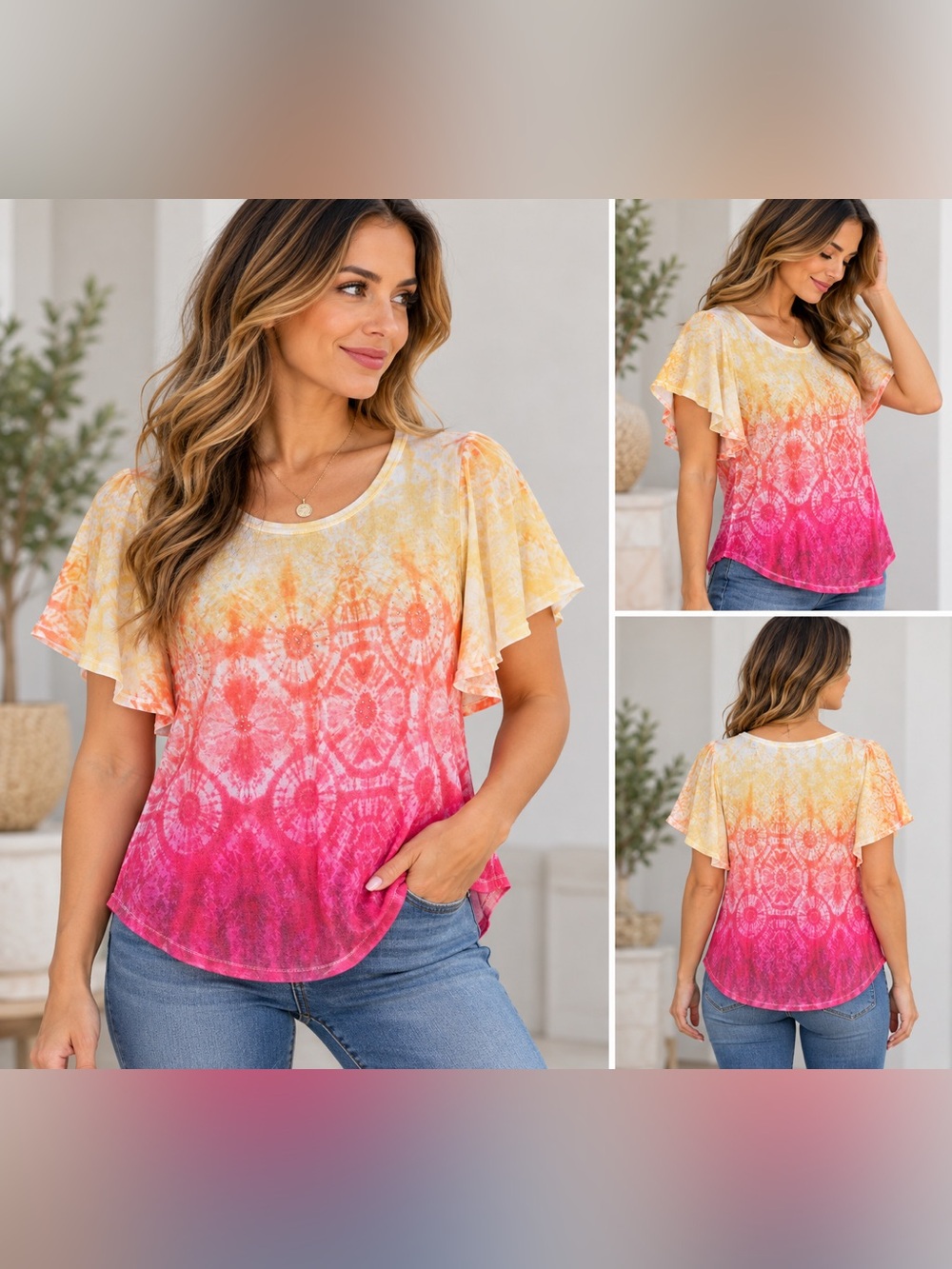 Ombre Tie-Dye Flutter Sleeve Tee in Pink and Yellow - Unbranded